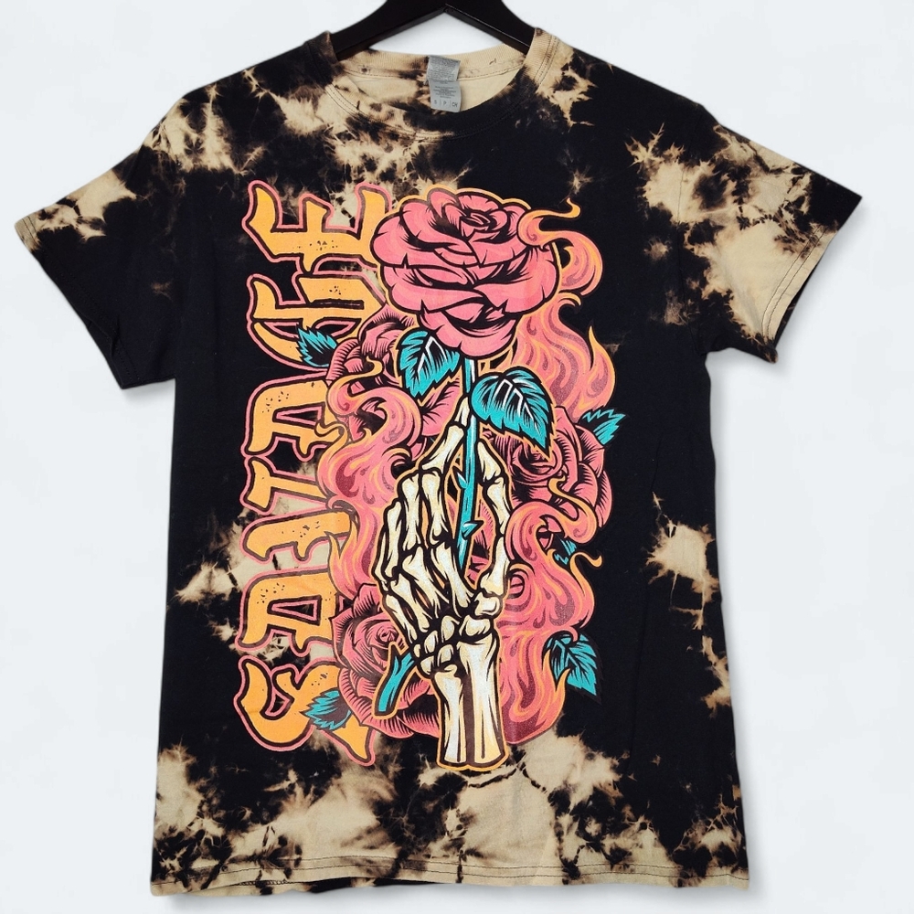 Graphic T-shirt Savage Skeleton Rose Tie-Dye Short Sleeve Size Small
